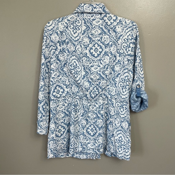 Chico’s Marine Medallion Utility Jacket Small Indigo Blue Lyocell 3/4 Sleeve Tab - Picture 3 of 9